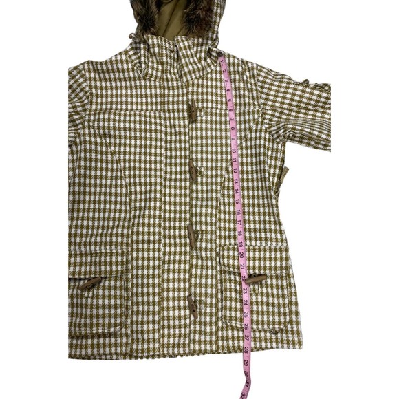 Roxy 5000 Snow Jacket Women Large Gold Cream Checkered Fur Hood Long Sleeve - Picture 12 of 15